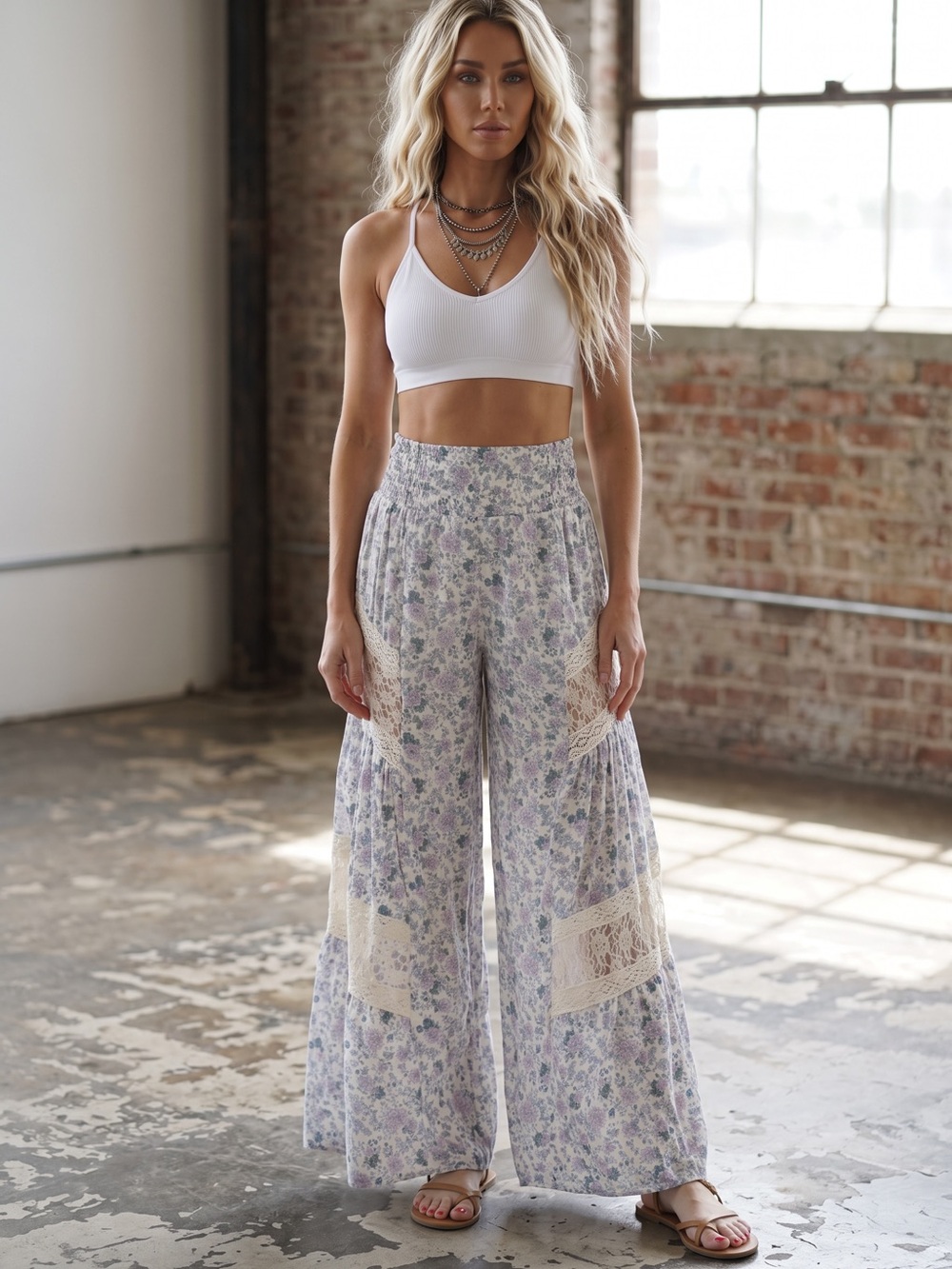 NWT Angie Boho Floral Print Lace Panel Inset Wide Leg Pants